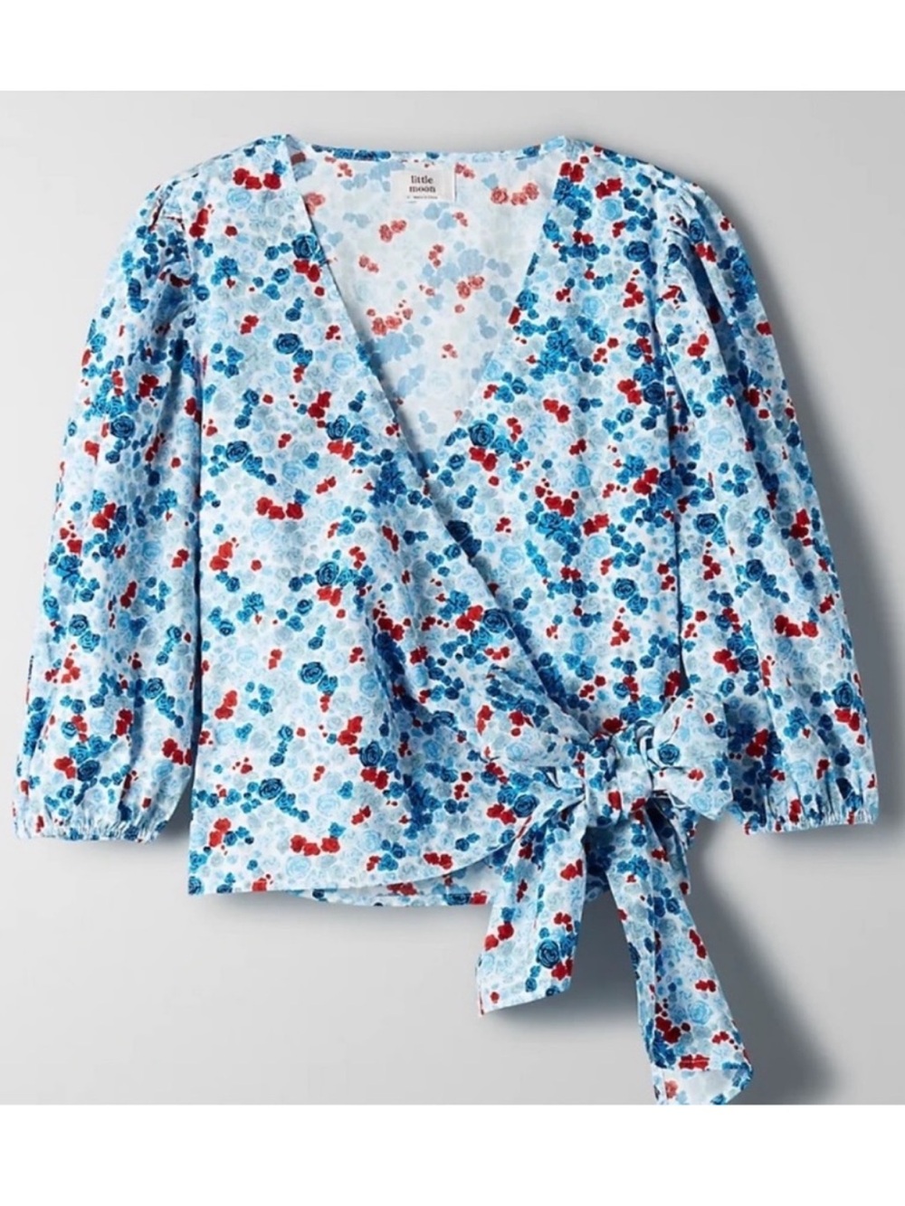 Aritzia Little Moon Sugar Blouse - Blue Floral Puff Sleeve Wrap Top